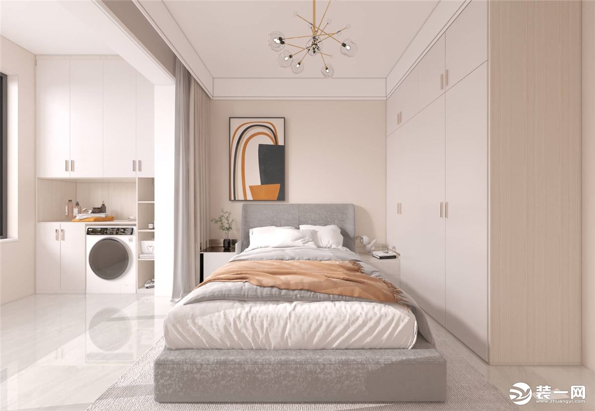 5.卧室床头背景墙采用杏粉色预调色漆，整体色调偏暖，阳台放置洗衣机，旁边的柜子也增加收纳功能。