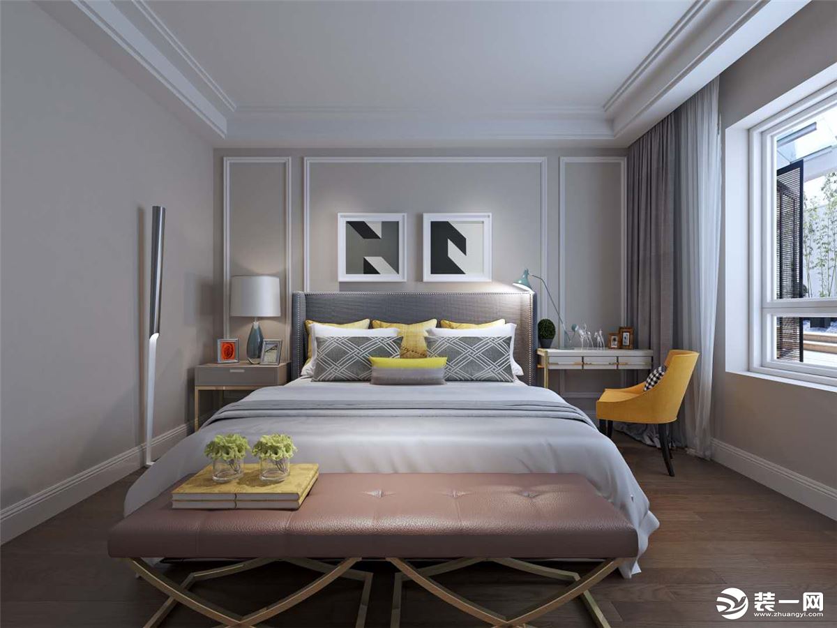 卧室采光很好，简单吊顶，材质和色调与整体风格配合，不需要华丽的造型，床头增加吊灯，视觉上增加了亮点。