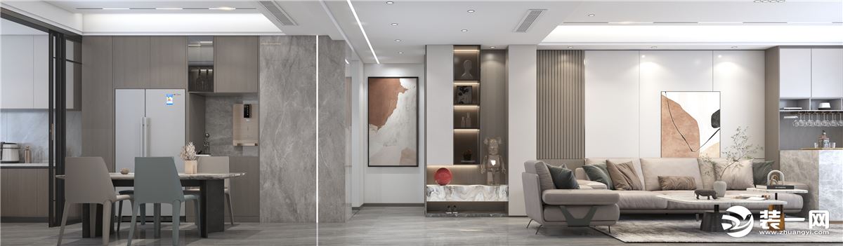 整体以灰色木纹为主，客厅走廊用线性灯分为两个区域，现代感十足，布艺的沙发提高居住舒适性。