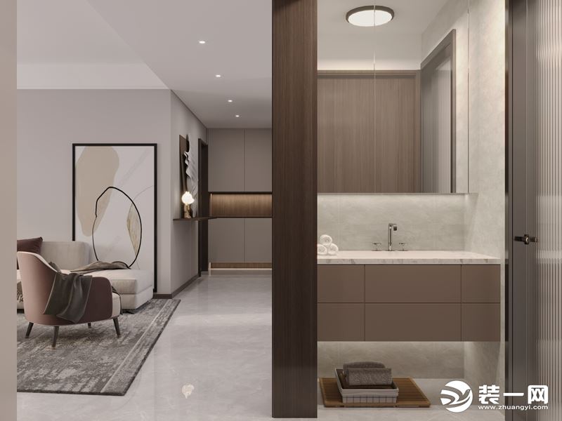 卫生间采用干湿分离设计，户型结构原因，把洗漱台设计在外面，也不耽误人多时的居家生活。