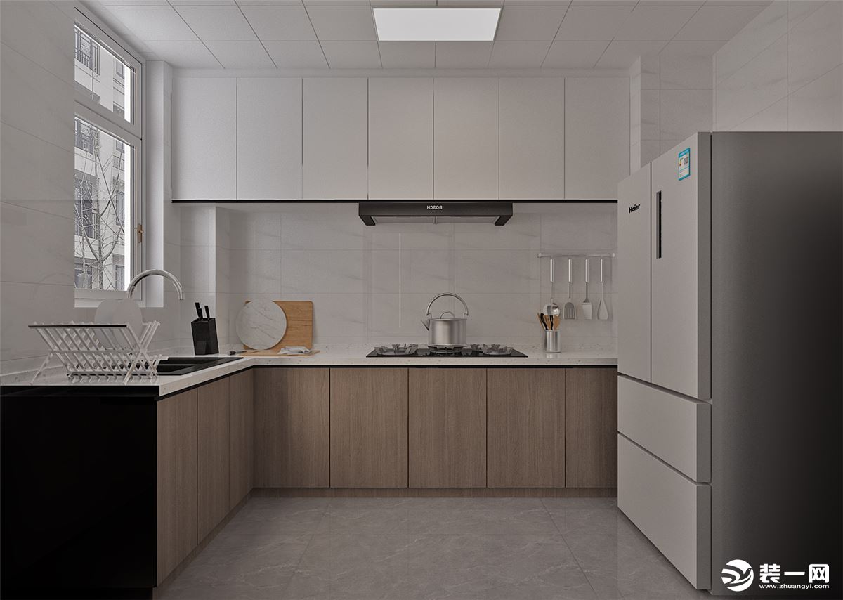厨房L型设计最大化利用空间，白色+原木的柜门使整个空间更加明亮通透。