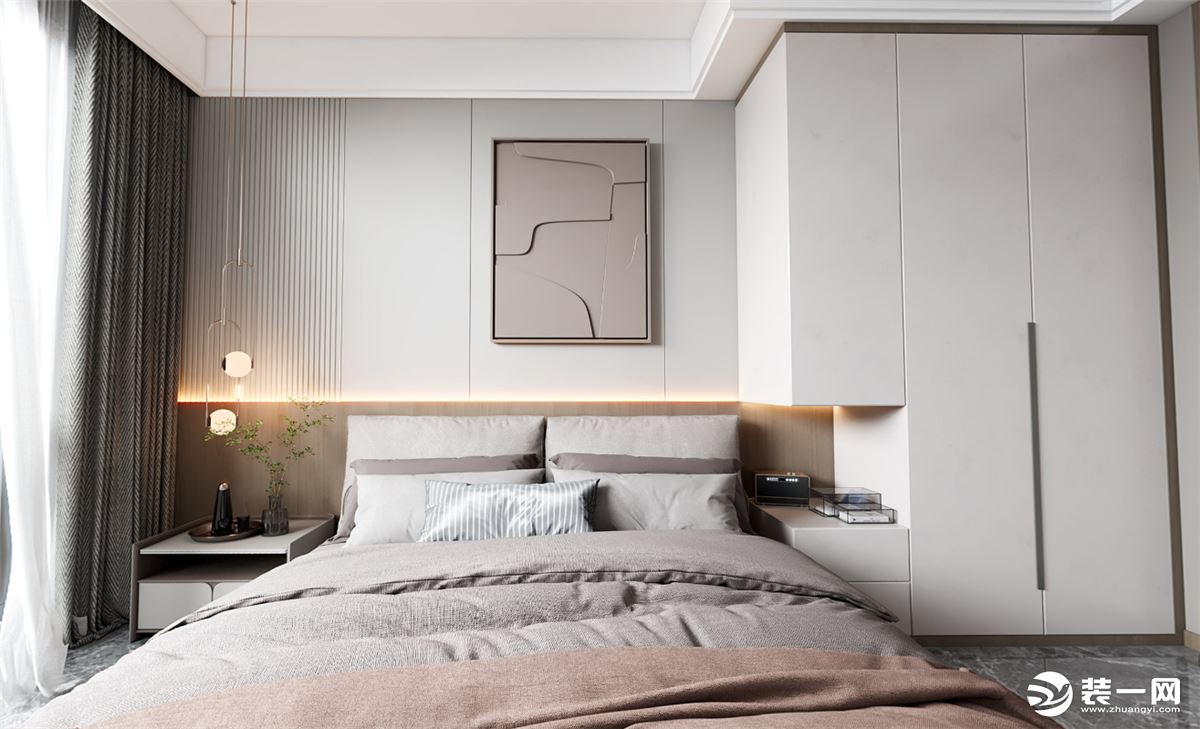 床头定制的护墙板给人一种冲击感，选了一个暖色乳胶漆颜色让卧室更加温馨，简美风格用线条塑造，不失美好。