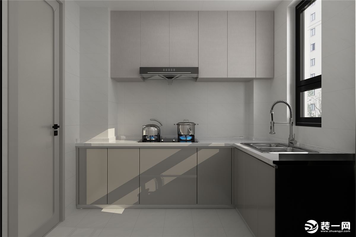 厨房按照传统的明厨暗卫的理念设计，橱柜品牌是金牌橱柜，山灰色地柜搭配茶白布纹色吊柜让整个厨房空间质感