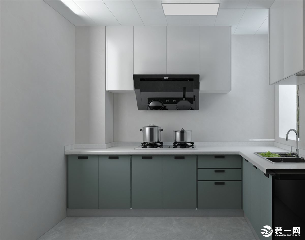 厨房整体偏现代风格，白色吊柜和晴山蓝的颜色搭配，显得明亮舒适，也增加了层次感。