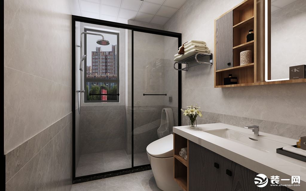 卫生间采用上下墙砖分色设计，更加大气，浴室柜兼并了美观和实用，带智能镜，更加时尚