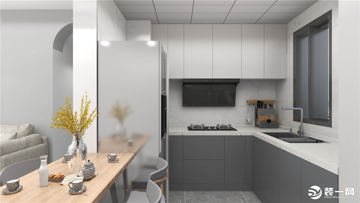 厨房面积也较小，打通厨房隔墙。做开放式厨房，兼顾餐厅和入户玄关功能区为一体，提高空间利用率。