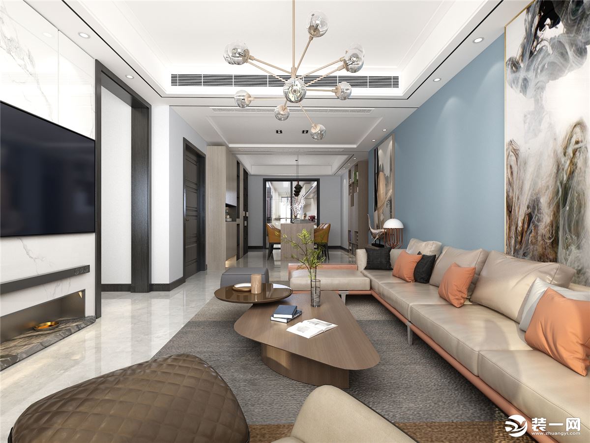客厅以灰色和白色为主色调，沙发背景墙采用蓝色为整个空间的提亮色，低饱和度的色彩能使人宁静放松，简洁大