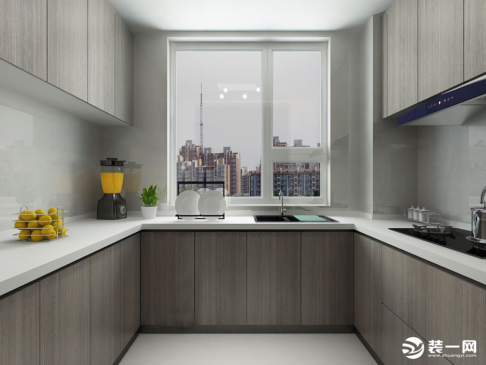 厨房设计U字型橱柜，增强实用功能，灰色木纹搭配白色瓷砖，更显干净整洁。