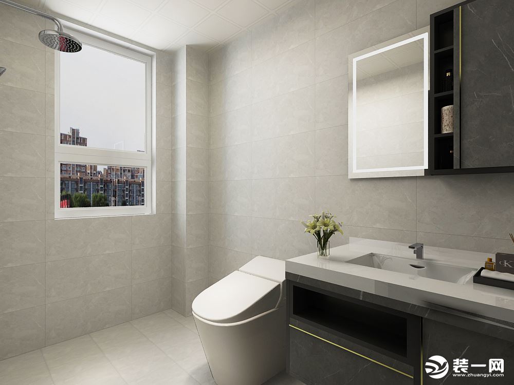 卫生间墙面采用浅灰色墙砖通铺，搭配深灰色系的浴室柜，整体更加协调。