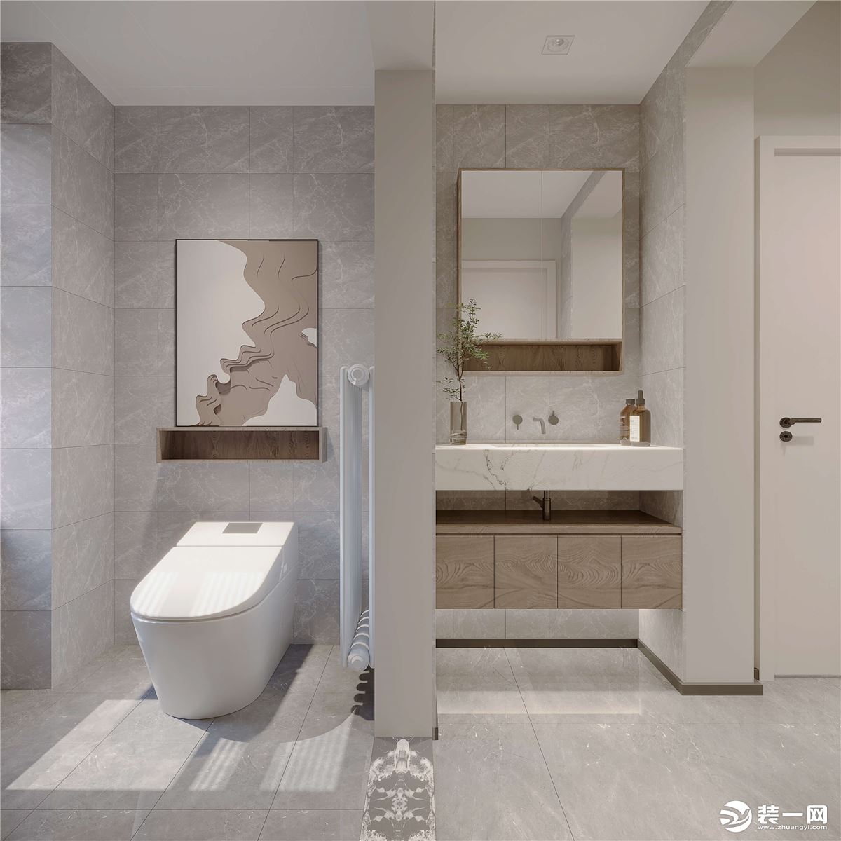 卫生间以灰色淡纹墙砖使卫生间更加明亮，不显压抑，同时在功能设计上也满足更多的利用空间