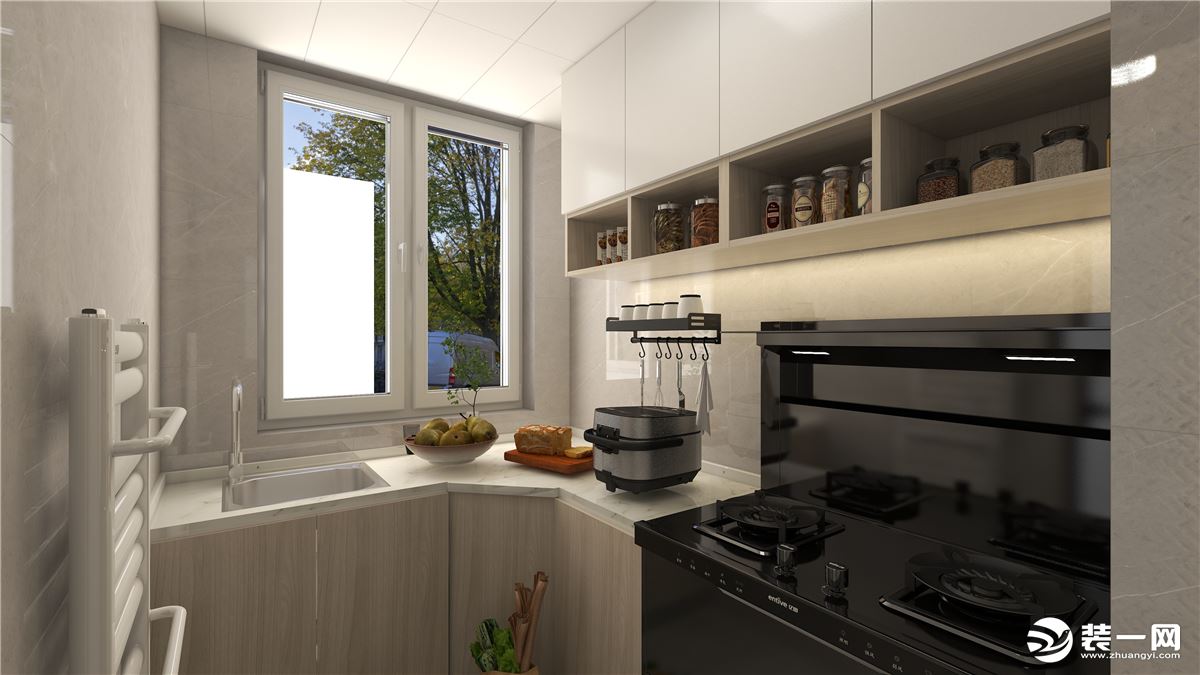 厨房L型设计，让空间的利用率更高，做嵌入式的集成灶与蒸烤一体，即节约空间又实用，木调的空间与整体家里