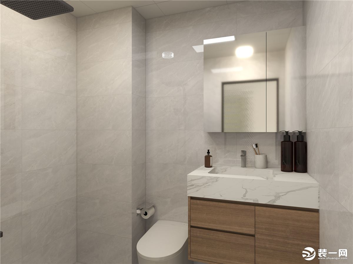 卫生间没有窗户，墙地砖采用亮光砖，浴室柜也选用原木色做搭配。
