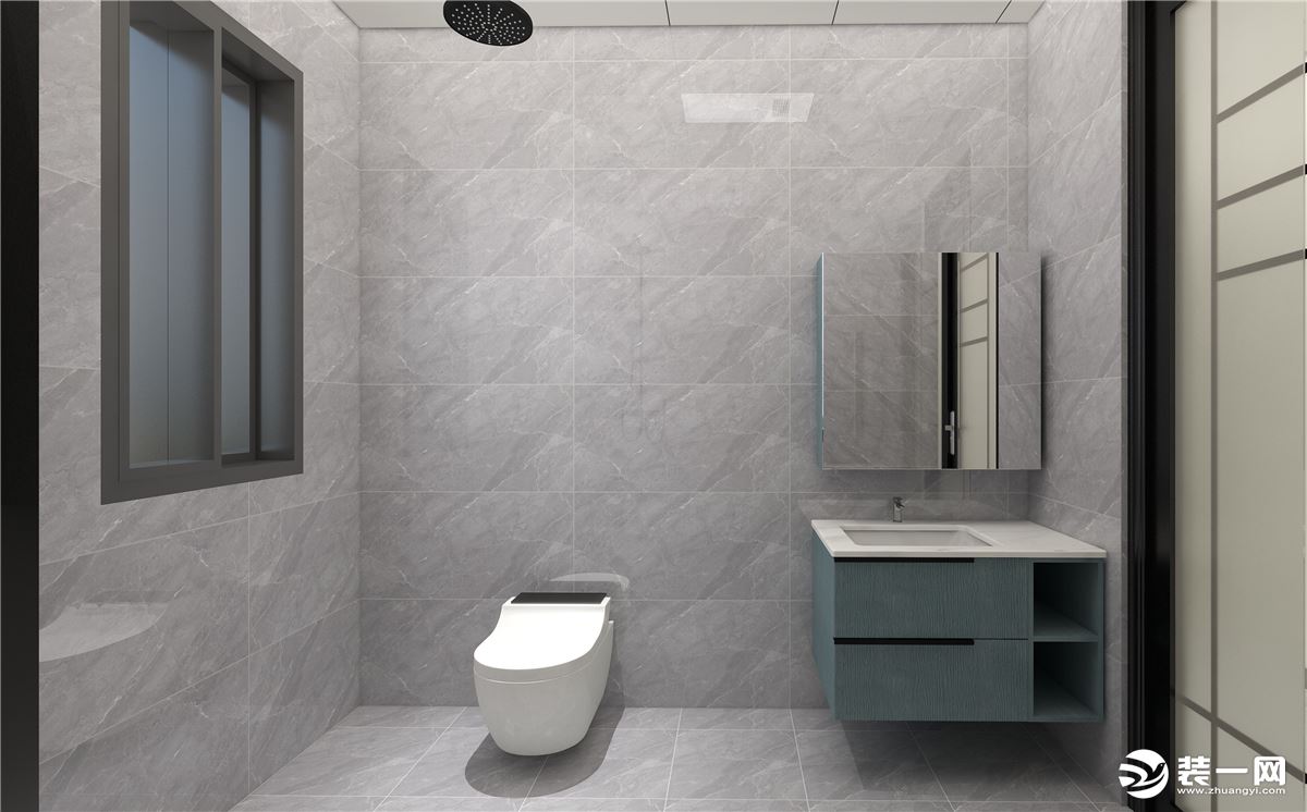 卫生间墙砖选用深灰色墙砖，更显档次感，搭配浅绿色浴室柜，又增加了一点清新感，顶面扣板吊顶，更显大方。