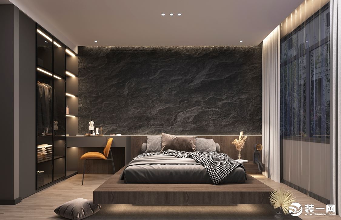 卧室采用悬浮床设计，背景墙采用pu石材装饰，衣柜转角梳妆台设计，好看更好用。