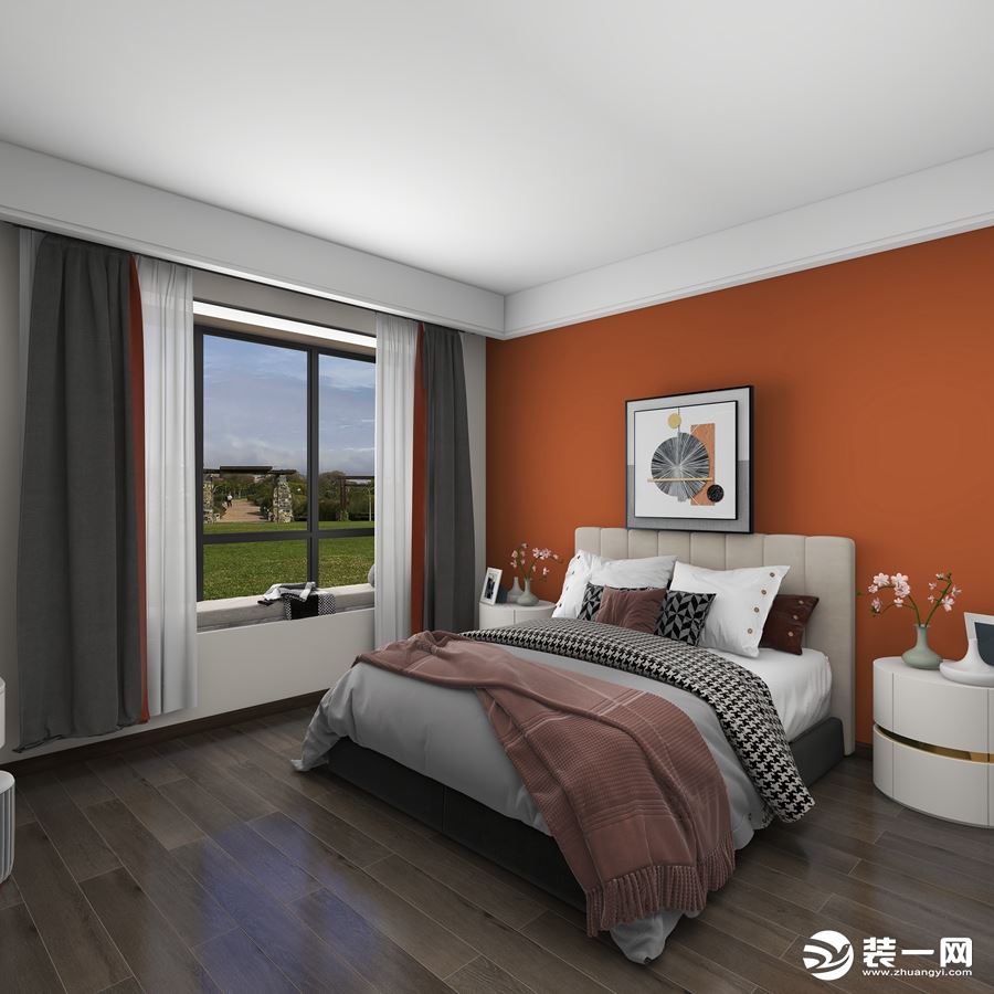 卧室作为休息的空间，舒适度为首要考虑，简洁大气，背景墙采用了爱马仕橙活跃气氛，显得卧室没有那么平淡。