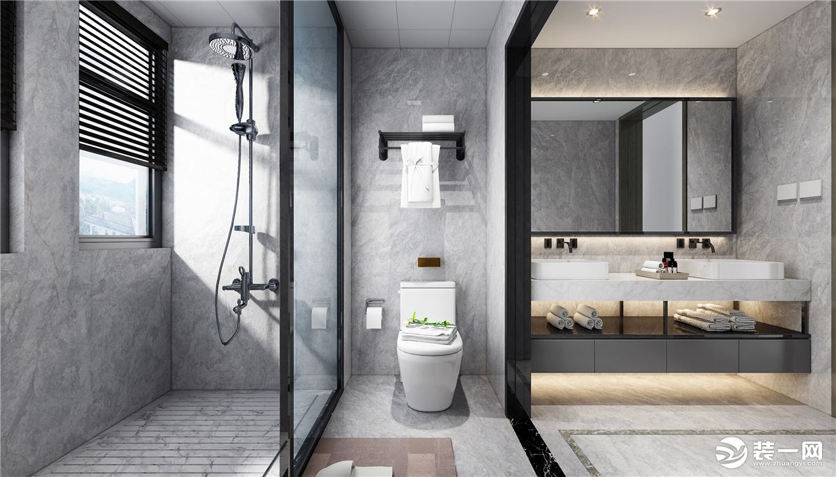 洗手间采用干湿分离的设计，区域分明，灰色调让空间整体统一，也易打扫。
