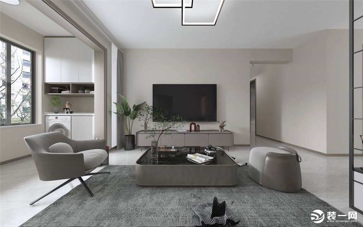客厅整体墙面采用略微偏暖色使整个空间温馨又有质感，地面和阳台瓷砖通铺增加空间的延伸感。