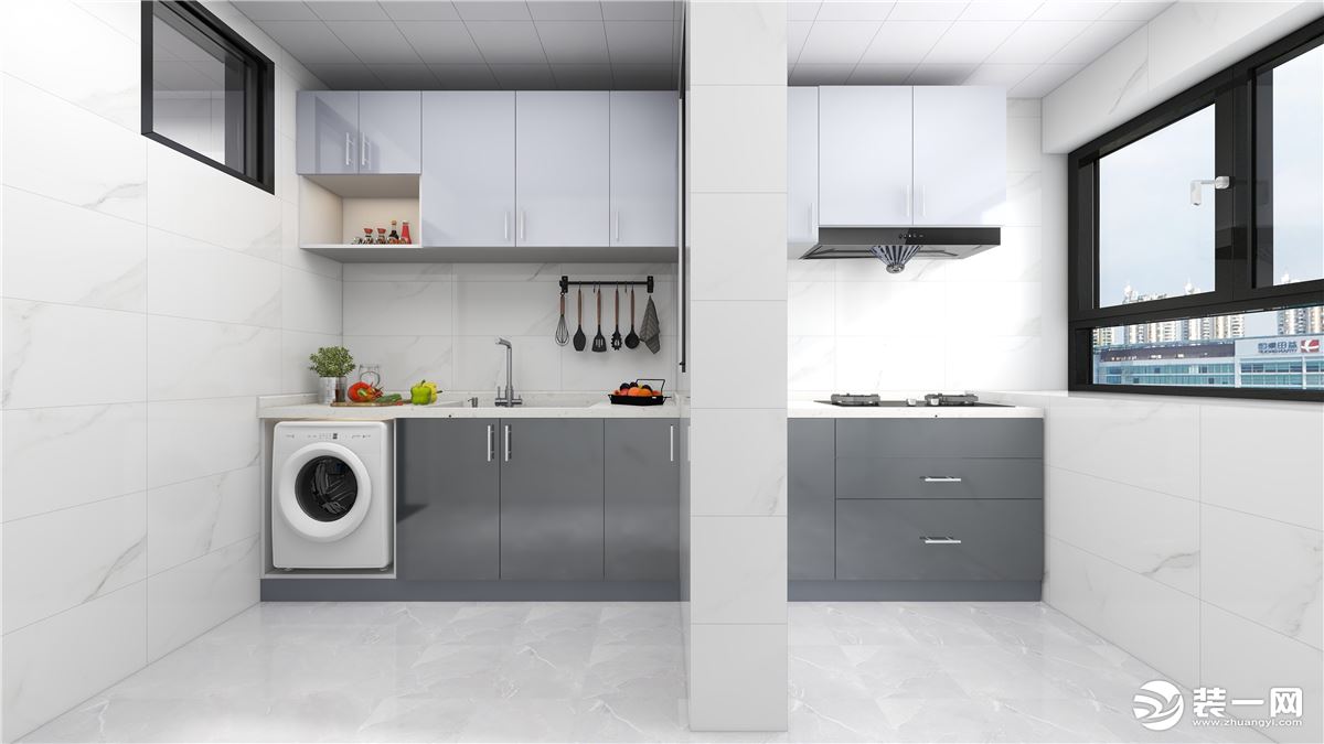 厨房设计一字型橱柜，实用性更强，墙面搭配白灰色的墙砖，更显大气，地柜、吊柜采用分色的设计空间层次感。