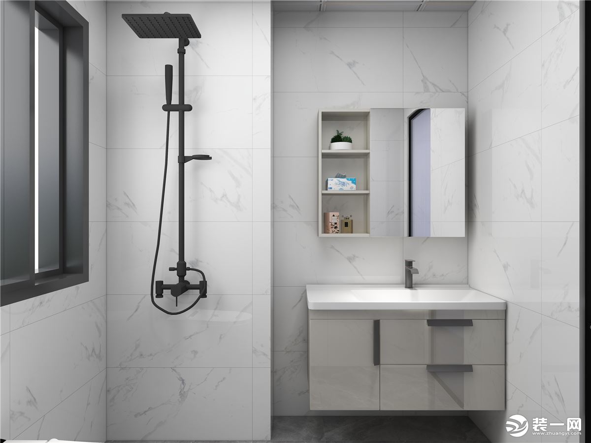 卫生间以灰色淡纹墙砖使卫生间更加明亮，不显压抑，同时在功能设计上也满足更多的利用空间。