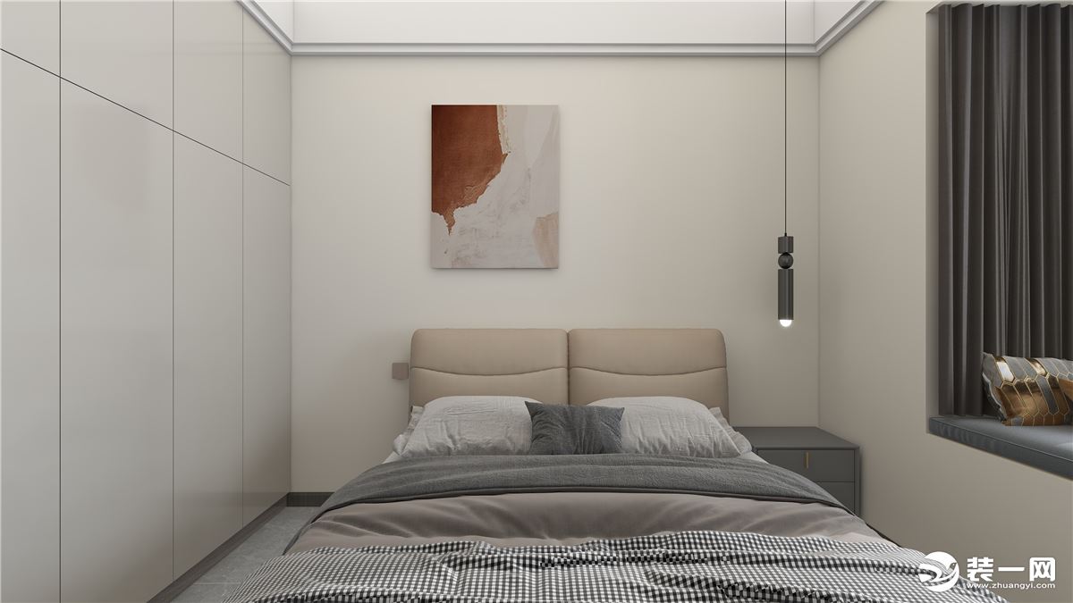 卧室采用轻装饰的原则所以墙面没有复杂的造型，实用性低还容易产生审美疲劳的格栅背景墙，简单的挂画就可以