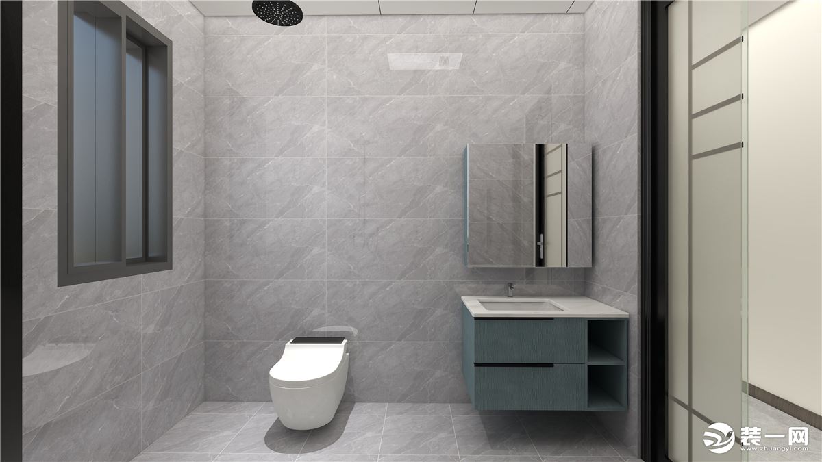 悬挂式浴室柜选用了蓝色柜体和白色的台下盆，告别了传统的台盆，打扫卫生更加方便，整体设计和颜色搭配