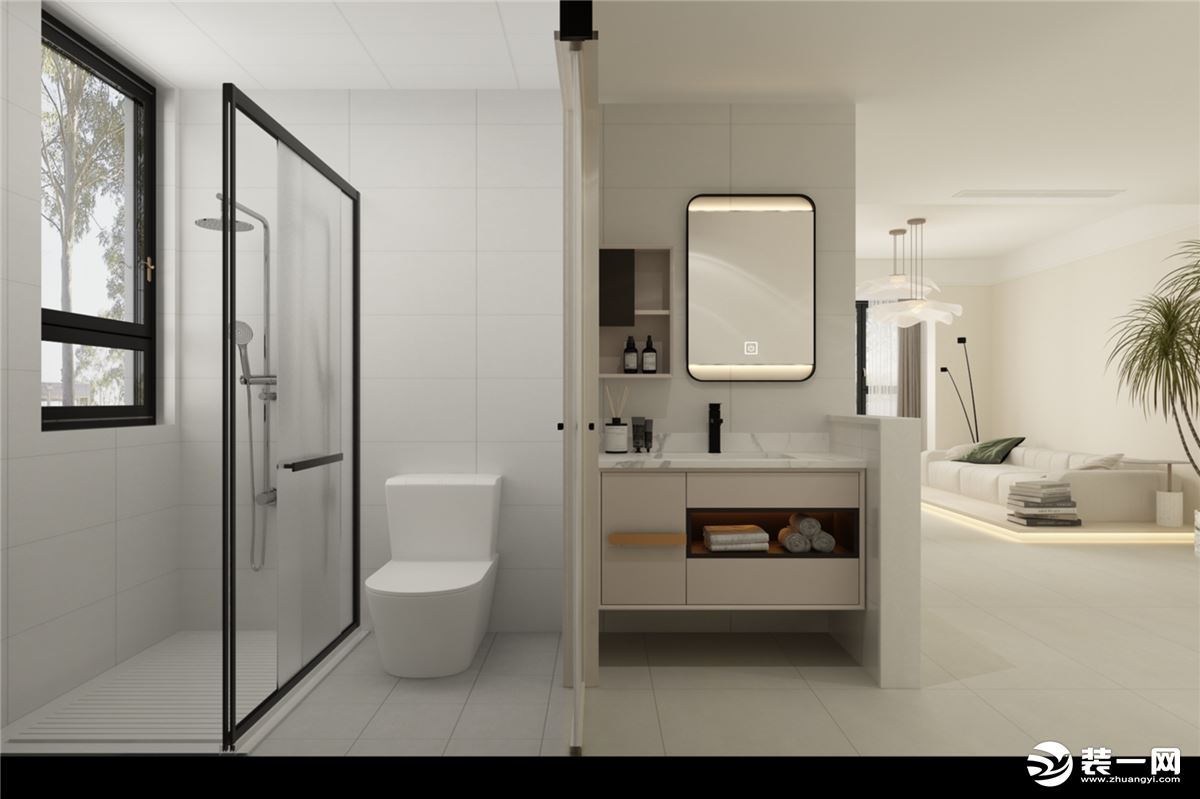灰色墙砖突显出了整个空间的高级感，浴室柜乳白色木纹搭配金属元素，简约而轻奢。
