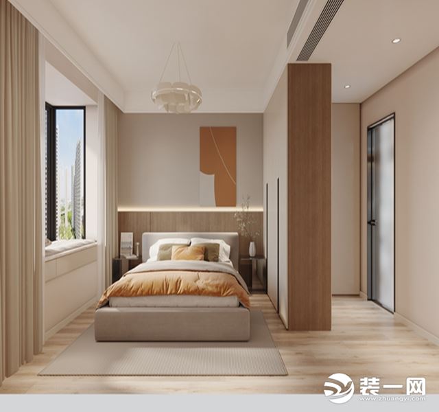 以浅色为基调的卧室空间，营造出优雅柔和的睡眠环境，主卧保留飘窗，铺上软垫当做休闲区。