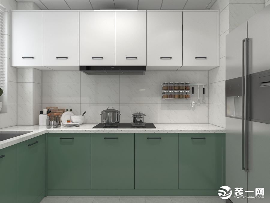 厨房：厨房空间L型设计，冰箱放置在厨房居家生活更便捷。