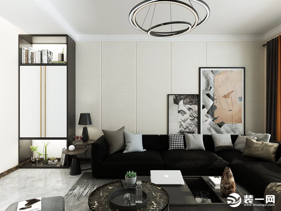 客厅沙发背景墙做硬包的设计，搭配上挂画，既不单调又美观。