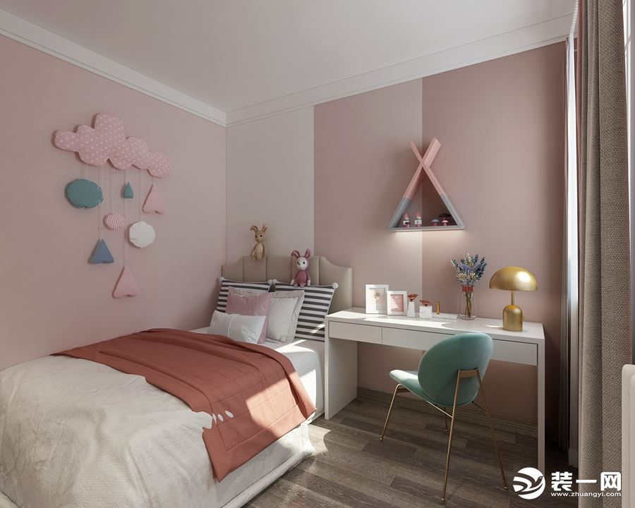 次卧作为孩子房间，以暖粉色为主，旁边的书桌作为学习空间也合适。
