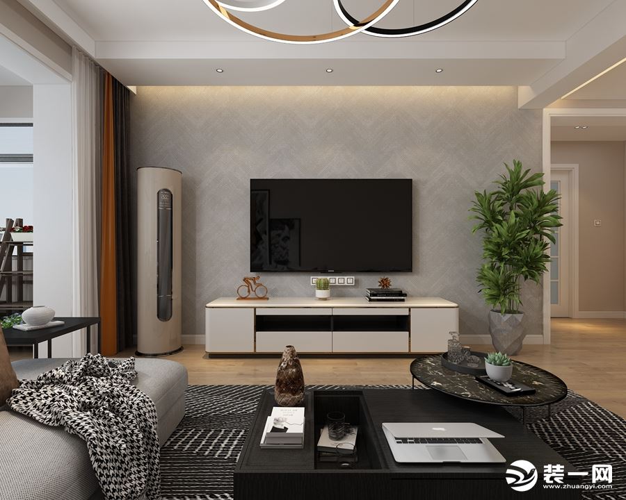 电视背景墙利用上方灯带的设计，简洁干净，有一定的延伸感。