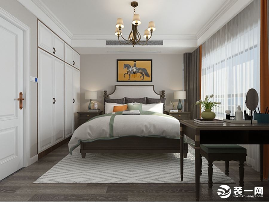 主卧室内嵌的衣柜设计节省了空间，整体色调偏灰，有一种宁静的感觉，作为休息的场所很舒适。