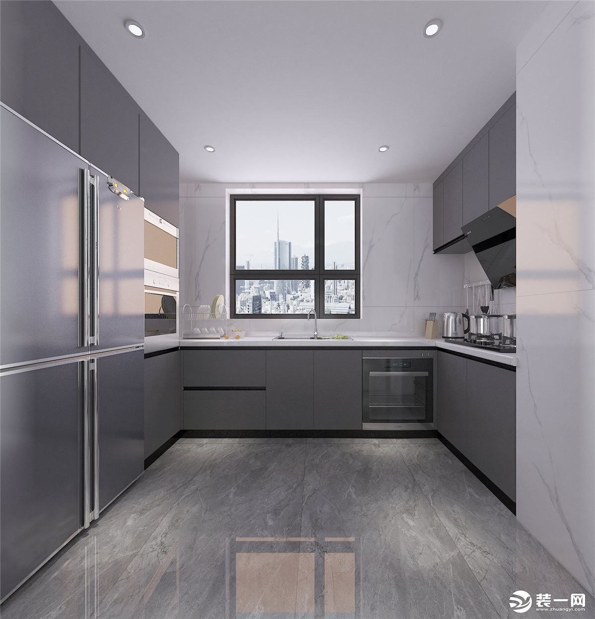 厨房：房U型橱柜设计，增加高柜内嵌蒸烤一体机和冰箱，使用起来更加方便，也不占用空间，地柜和吊柜的组合