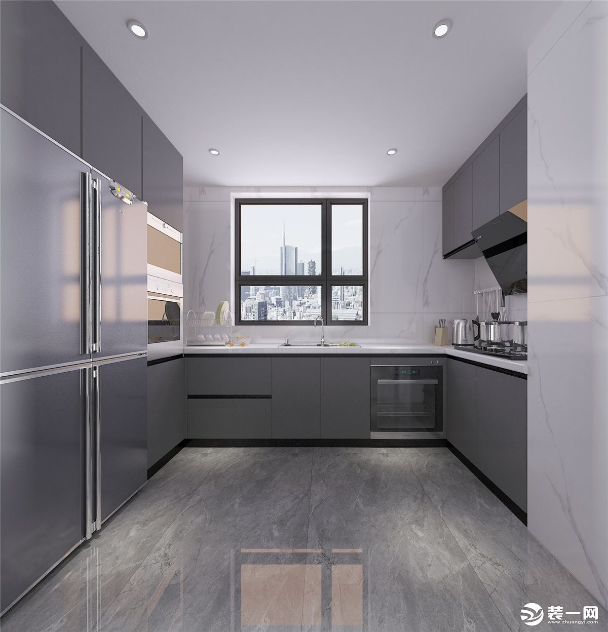 4.厨房：厨房U型橱柜设计，增加高柜内嵌蒸烤一体机和冰箱，使用起来更加方便，也不占用空间，地柜和吊柜