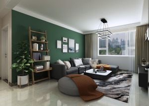 灰色的布艺沙发，搭配墨绿色的沙发背景墙，一进门给人强大的视觉冲击力，体现了现代设计感。