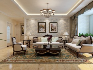 沙发背景墙采用壁纸的设计，在搭配上暖白风格的家具，没有过多的造型，也能显示欧式的元素。