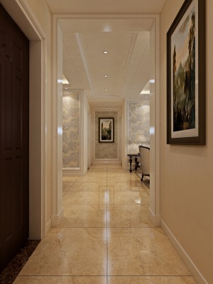 走廊的设计造型不多，设计了一些挂画的摆放，让空间不单调。