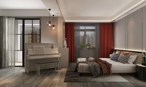 主卧室窗帘采用中国红的色彩，突出中国元素，顶面采用无主灯设计，增加床头读书灯，这样的氛围及安静又舒适