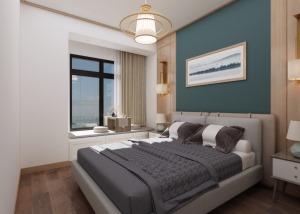 主卧的空间，背景墙采用蓝色调，尽显时尚感，配合原木色的搭配，让房间看起来舒适又温馨