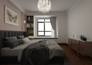 主卧这块的空间，用白色调的搭配，让房间显得干净明亮，背景墙的暖粉色增加了房间的温馨氛围