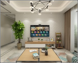 电视背景墙做的是一个仿砖的造型设计，搭配上家具，显示出主人家独特的设计风格。