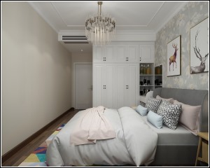 主卧的风格色调很统一，背景墙壁纸的设计，让房间有不一样的色调，给人以安静舒适的环境。