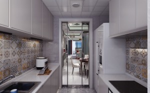 厨房U型设计，增加了储物空间，也使厨房更有品味，墙面壁龛的使用，既节约空间，也更加干净整齐