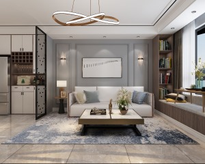 沙发背景墙采用灰色系，配上现代的家具，让房间显得明亮大方。旁边柜子的设计，内嵌的冰箱展现了居家实用性