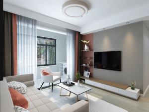 电视背景墙是一个烟灰色系列，旁边搭配上胭红色调，设计了空间造型感，增加了层次感，体现了轻奢的感觉。