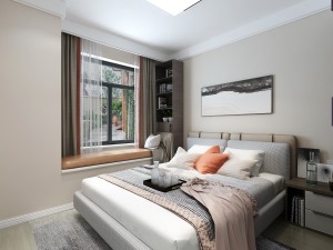 卧室的空间，采用暖白色调，搭配上飘窗旁边储物柜的设计。让空间充满温馨感。