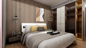 卧室则是使用了木饰面板作为床头背景墙的主要材料，半开放式的衣柜带着LED感应灯让卧室增添了更多的亮点