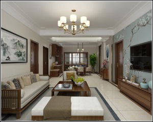 客厅厅一体的空间，可以看到造型并不多，更多的是挂画，家具方面展示中式元素。