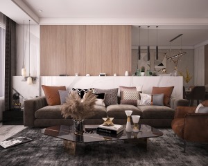 沙发背景墙采用原木色搭配，色调统一。巧克力色的休闲椅，为客厅增加色彩和个性。
