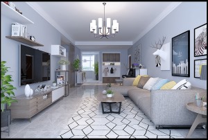 客厅空间在色调上选用冷色调，搭配暖灰色墙面，在搭配蓝色的电视背景墙，简洁又不失设计感。